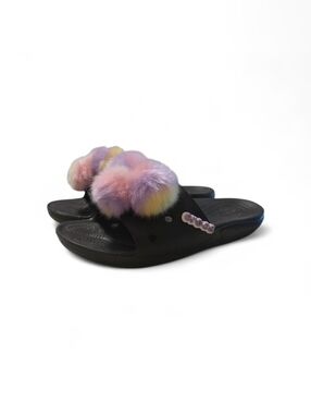 Crocs Fur Sure Slide Sandal Womens 10 Mens 8 Black Pastel Puff Balls